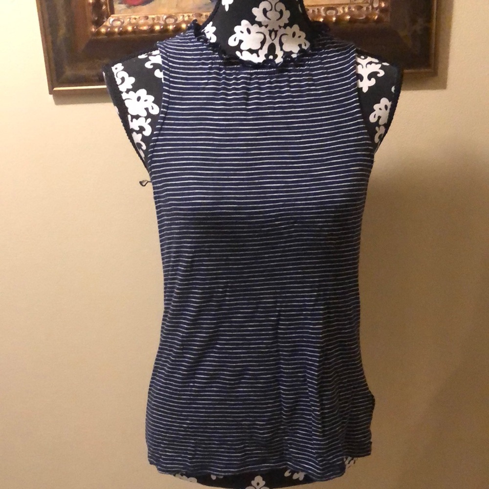 Gap high ruffle neck sleeveless striped cotton blend stretchy top